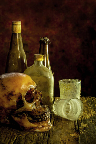 Still Life with a Skull on wooden