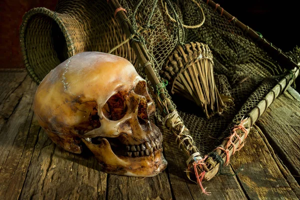 Bodegón con cráneo y red en madera —  Fotos de Stock