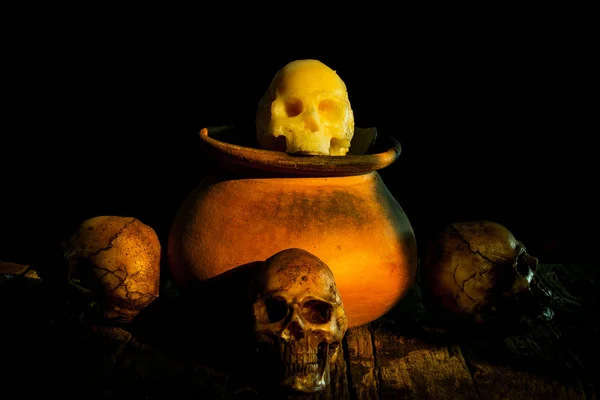 Still Life with Skull and clay pot,earthenware — Stock Photo, Image