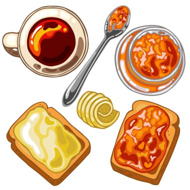 Kahvaltı yemek ayarla: tost ekmek, reçel ve tereyağı