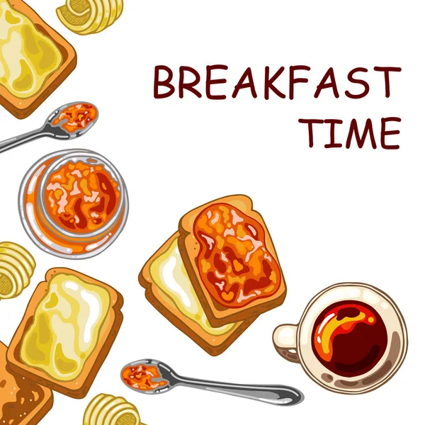 Set con desayuno: pan tostado, mermelada y mantequilla — Vector de stock