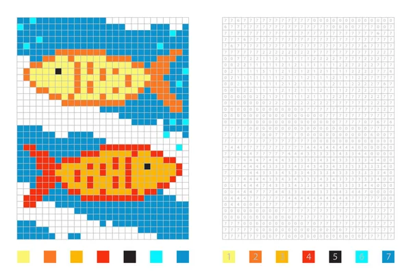 Pixel de dibujos animados de peces en la página para colorear con cuadrados numerados — Vector de stock