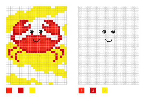 Pixel cangrejo de dibujos animados en la página para colorear con cuadrados numerados — Vector de stock