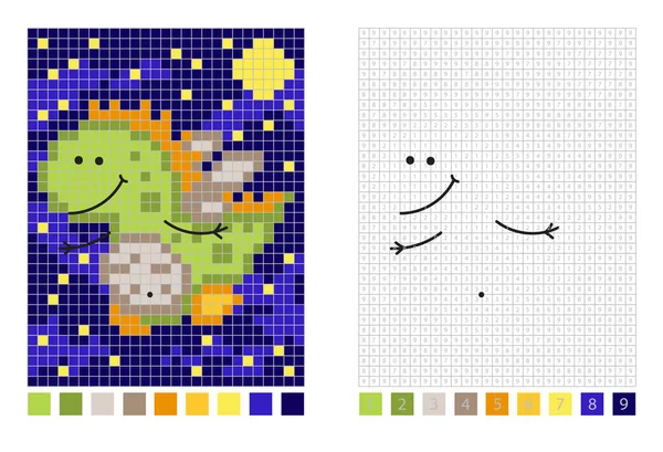 Noche dinosaurio pixel dibujos animados para colorear página por números — Vector de stock