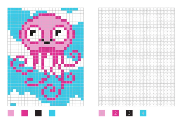 Pixel pulpo de dibujos animados en la página para colorear con cuadrados numerados — Vector de stock