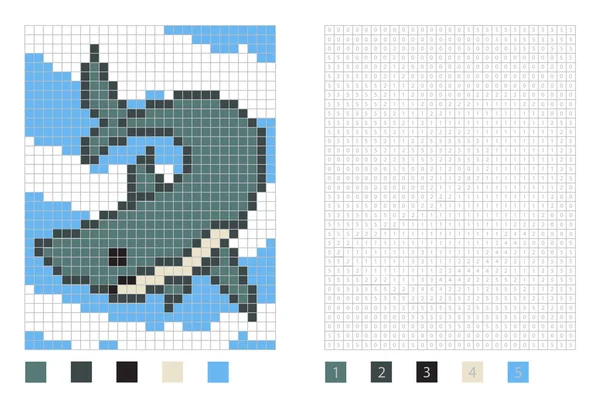 Pixel tiburón de dibujos animados en la página para colorear con cuadrados numerados — Vector de stock