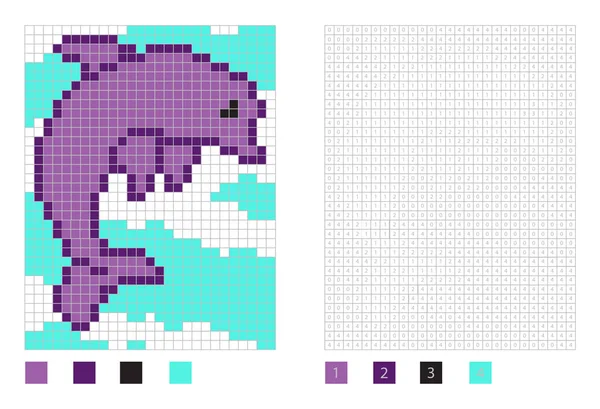Pixel delfín de dibujos animados en la página para colorear con cuadrados numerados — Vector de stock