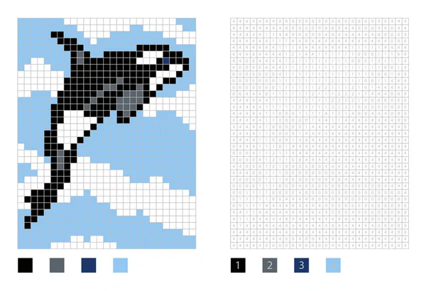 Pixel asesino de ballenas de dibujos animados en la página para colorear con cuadrados numerados — Vector de stock