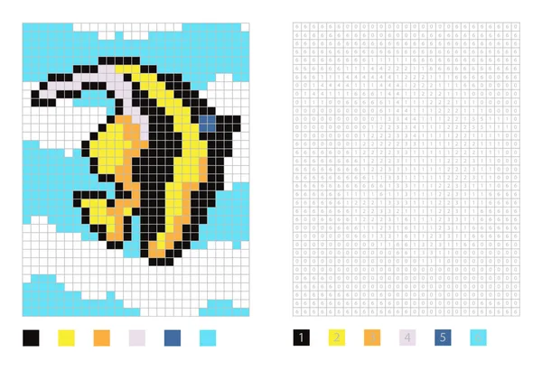 Pixel ídolo morisco peces de dibujos animados en la página para colorear con cuadrados numerados — Vector de stock