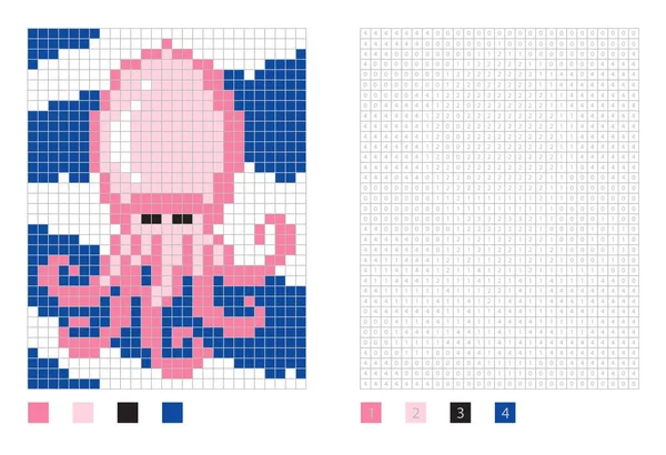 Pixel calamar dibujos animados en la página para colorear con cuadrados numerados — Vector de stock