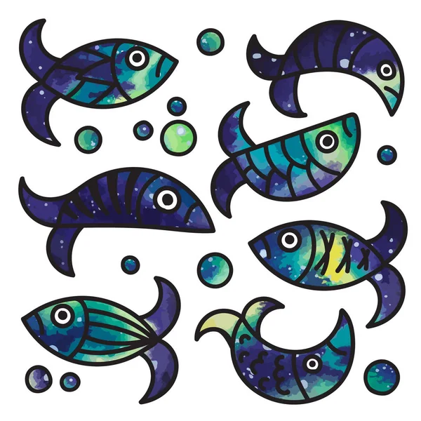 Colección cósmica dibujada a mano de varios peces. Aislado sobre fondo blanco — Vector de stock