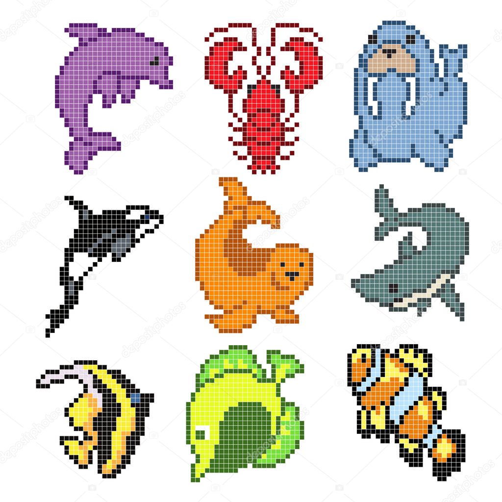 Set pixel sea animals