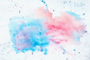 Splash arka plan, pembe ve mavi tonları beyaza için soyut renkli sulu boya el çizilmiş resim. Yaratıcı banner, kart, şablon, Tasarım sanat