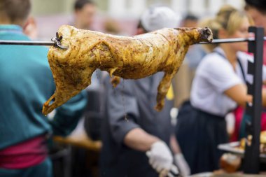 Karkas şiş şiş, ateşe ile dönen üzerinde domuz emdikleri koyun, Barbekü. Yaz piknik, beslenme, diyet