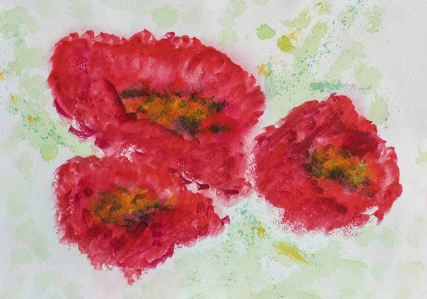 手绘彩色三红色 poppys 特写在白皮书, 春季和夏季色调。抽象水彩, 纸纹纹理。艺术设计 — 图库照片