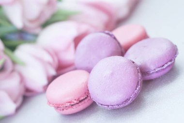 Pembe ve mor Macarons, bahar çiçekleri, Lale, pastel arka plan ihale. Romantik sabah, hediye, sevgili için mevcut