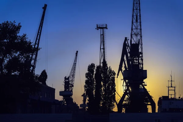 'S avonds in de haven, de zee, de rivier dok. Silhouet van industriële kranen. Poort landschap. Heldere zonsondergang — Stockfoto