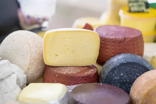 Rodas de queijo diferentes graus e peças cortadas no balcão do mercado, cores coloridas. Produtos gastronómicos delicados no balcão do mercado, cena real no mercado alimentar — Fotografia de Stock