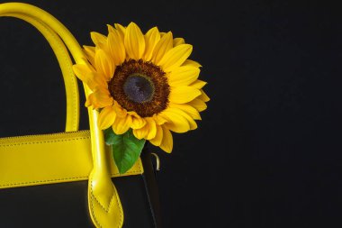 Hakiki deri, yakın çekim parlak çanta dekore edilmiş çiçek, ayçiçeği. Alışveriş, üretim, yaşam tarzı, yaz, hafta sonu kavramı. Metniniz için yer