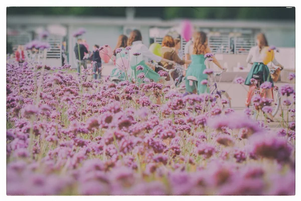 Romantyczny womans młodych z rowerów są obok kwiat łóżko, jasnych kolorach w parku miejskim, powrót do aparatu. Vintage, retro. Dla tła, tło, podłoża Użyj kompozycji. — Zdjęcie stockowe