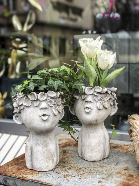 Lustige Gips-Blumentöpfe in Form von Köpfen mit wachsenden als Haare Gewächshauspflanzen und Blumen, Wohnkultur. Frühjahrskonzert — Stockfoto