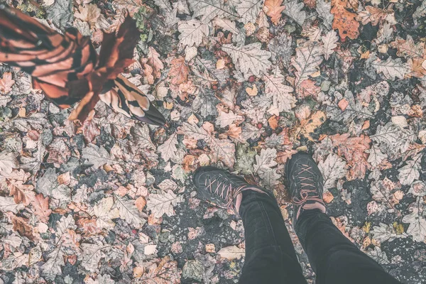 Vintage autumn background, pair of legs in sport sneakers and orange umbrella on bright fallen leaf, fall concept.