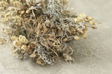 Hafif çuval bezi ve arka planda kurumuş çiçeklerin doğal bir buketi. Eski tarz, nostalji konsepti.