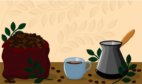 Saco com grãos de café e uma xícara com cezve — Vetor de Stock