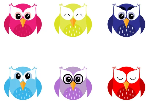 Icons of colorful owls with different emotions — Stock Vector