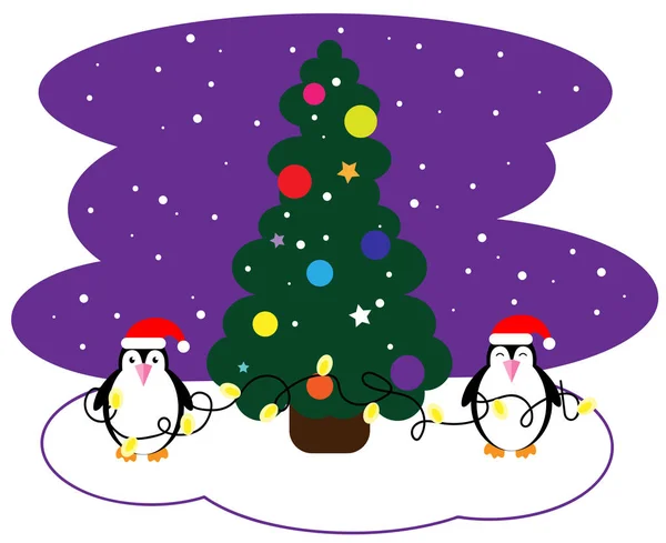 Pingüinos con una guirnalda cerca del árbol de Navidad — Archivo Imágenes Vectoriales