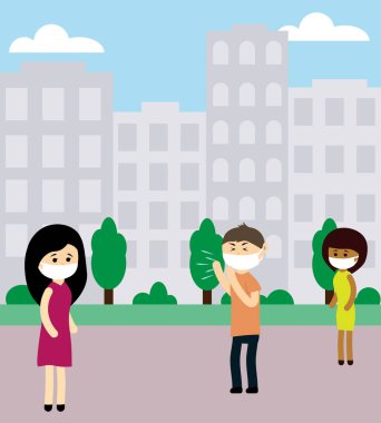 Tıbbi maskeli insanlarla dolu bir şehir.