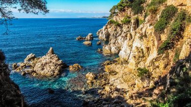 Costa Brava 'da, tatil köyü Lloret de Mar yakınlarındaki dik uçurumları olan bir körfez. Girona Eyaleti, Katalonya Özerk Topluluğu, Spai