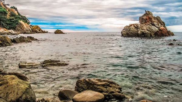 Rochers Dans Mer Méditerranée Sur Costa Brava Coucher Soleil Lloret — Photo