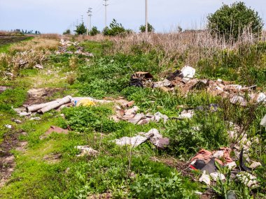 Telgraf direklerinin arkaplanındaki yeşil alana atık atıyorlar.