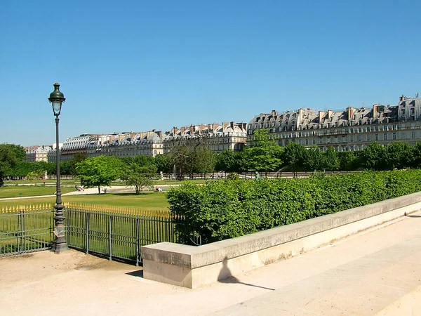 晴れた日の早朝に公園チュイルリー Jardin Des Tuileries 背景にはリヴォリ通りの建物があります フランス — ストック写真