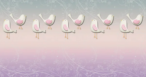 Cute children background, cartoon birds on soft gradient blur wallpaper.