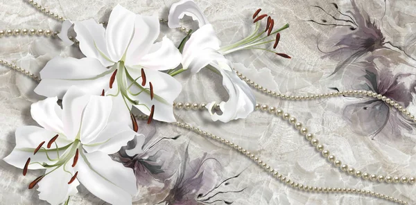 3d wallpaper texture, white lilies, pearls on marble background