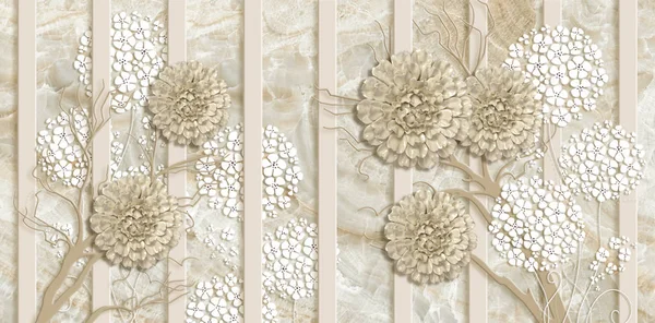 Illustration Beiger Marmorhintergrund Senkrechte Streifen Schmuckblumen — Stockfoto