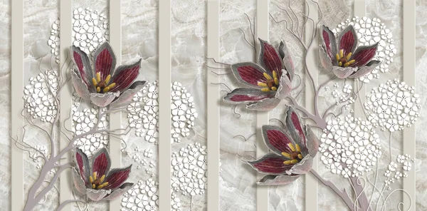 Illustration Jewelry Red Flowers Vertical Stripes Beige Marble Background Wallpaper — 스톡 사진