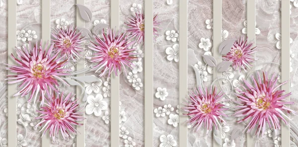 3d wallpaper, pale pink Dahlia Flower, marble background, vertical stripes. 3d illustration