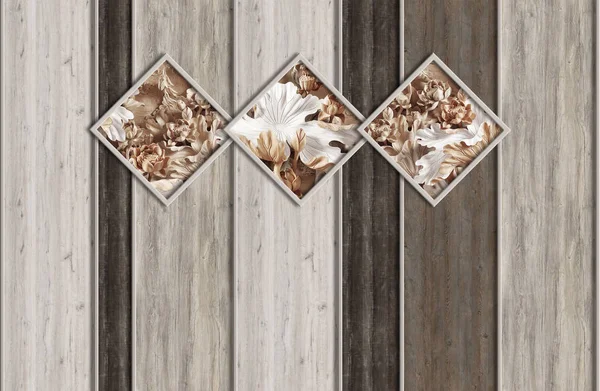 Tapete Rustikale Holzstruktur Blumen Rahmen Natürliche Muster — Stockfoto