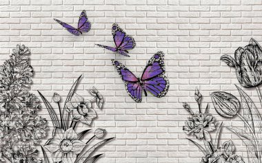 3 boyutlu duvar kağıdı dokusu, ekilmiş çiçekler ve tuğla üzerindeki kelebekler.