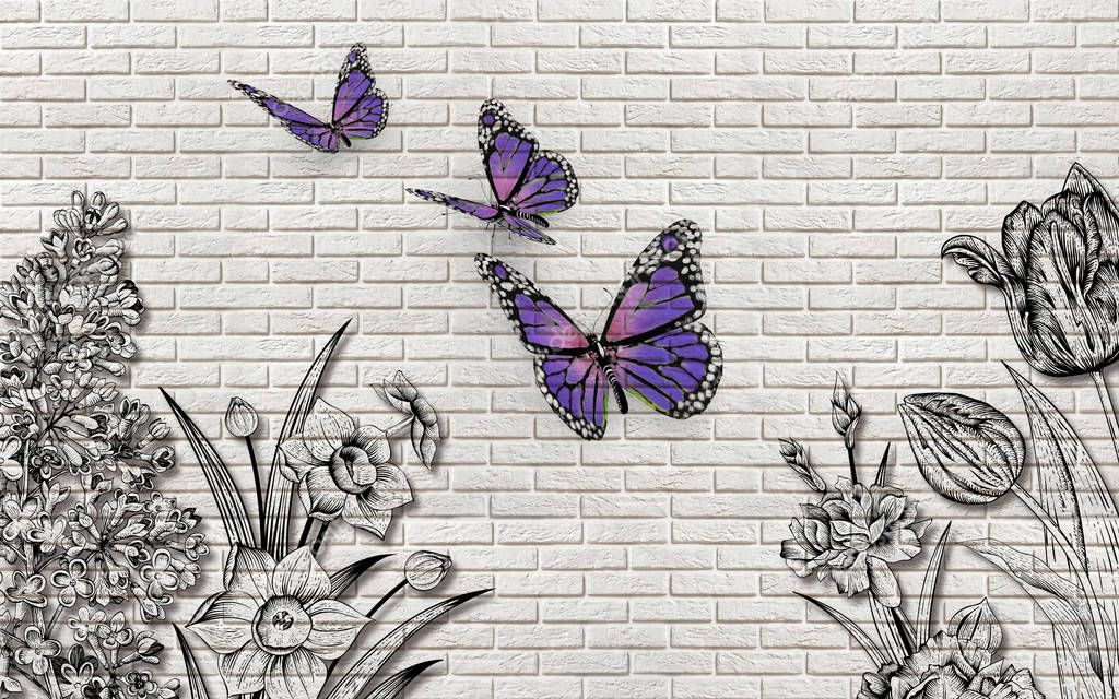 3d wallpaper texture, cultivated flowers and butterflies on brickwork