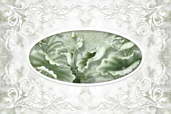 3D天花板壁画墙纸 白色装饰框架 石花在浅绿色大理石背景 3D壁纸 — 图库照片
