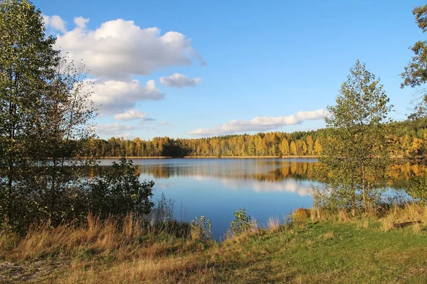 See in einem herrlichen Herbstwald bei sonnigem Wetter. Russland. — Stockfoto