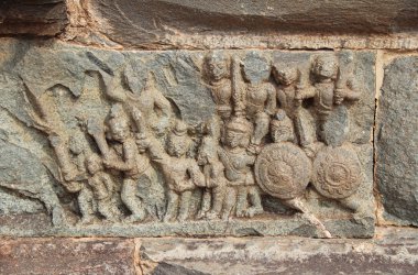 Hampi, Karnataka, Hindistan - 20 Ekim 2017: Mahanavami Dibba - büyük Platform Unesco Dünya Mirası Sit Alanı Bas-reliefs.