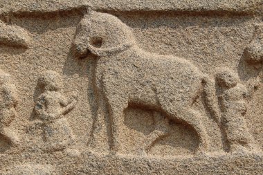 Hampi, Karnataka, Hindistan - 20 Ekim 2017: Taş bas-reliefs Vittala tapınağın çevresinde duvarlara.