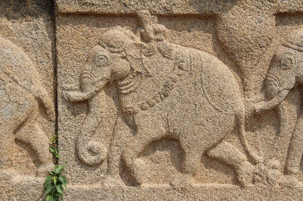 Hampi, Karnataka, India - October 20, 2017: Stone bas-reliefs on the walls around the Vittala Temple.