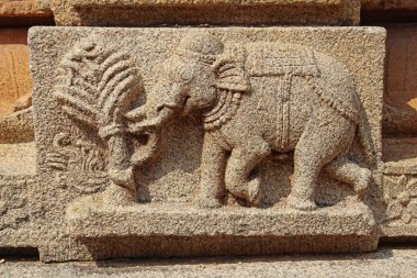 Hampi, Karnataka, Hindistan - 20 Ekim 2017: Taş bas-reliefs Vittala tapınağın çevresinde duvarlara.