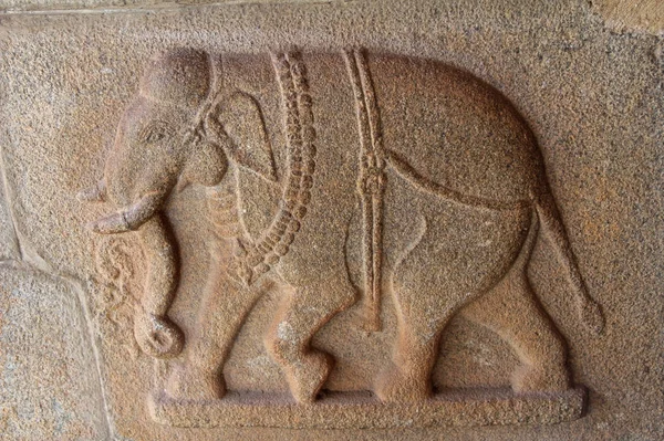 Hampi, Karnataka, India - 20 de octubre de 2017: Bajorrelieves de piedra en las paredes alrededor del Templo de Vittala . — Foto de Stock